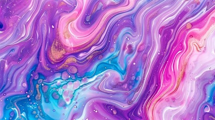 Fluid art abstract background showcasing a marble effect with pink, purple, and blue acrylic paint and gold glitter