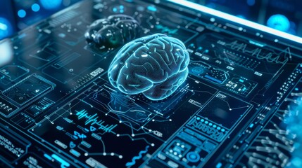 A digital brain in light blue with neon lines and dots surrounded by tech elements on a deep blue background, highlighting AI and tech innovation.
