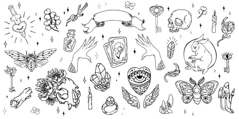 Mystical set with symbols crystals, tarot cards, witch hands and scull. Magic hand drawn illustration. 	