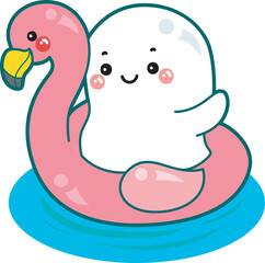 Illustration of cute white ghost icon.
Funny white ghost in activities stickers.
A cute white ghost wearing a bird tire