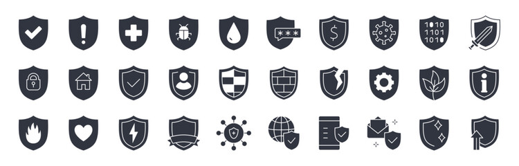 Vector solid icons defense shield. Protective symbol, safety and security of home, plants, mail from viruses and different troubles. Medieval shield and sword, coat of arms. Silhouette black set