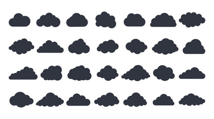 Vector cloud solid icons. Set of 28 silhouette elements. Meteorology weather forecast interface sign, information cloud storage database. Internet communication network saving data.