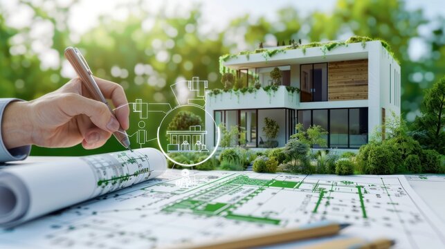 Architects engineer contractors working in an office with the new house project design combined green energy, Teamwork, and environmentally friendly construction for the future. construction concepts.