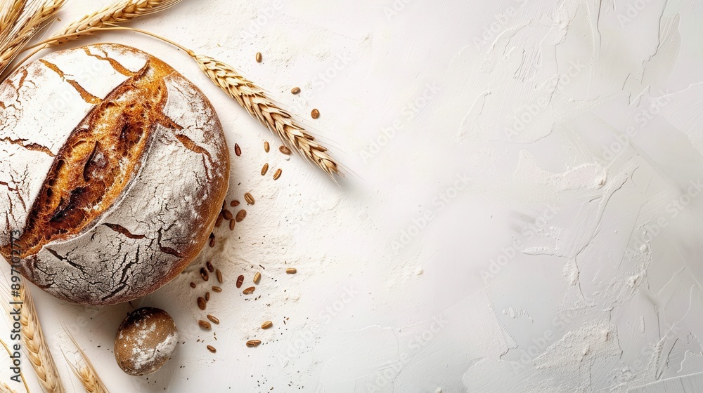 Poster a freshly baked loaf of wheat bread rests on a white background, surrounded by wheat stalks and scat