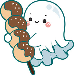 Illustration of cute white ghost icon.
Funny white ghost in activities stickers.
A cute white ghost hugging a dango.