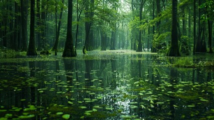 Tranquil forest swamp filled with lush greenery and reflecting still waters creates a peaceful and calming atmosphere