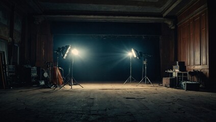 generative aiEmpty elegant dark room at night with copy space, Illuminated long hallway at night with glowing lights along the walls, AI generated
