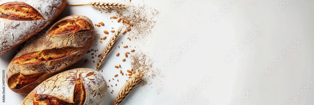 Aufkleber three loaves of freshly baked wheat bread are arranged on a white background with wheat stalks and l