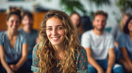 Naklejka premium A cheerful young woman with wavy hair smiling, sitting in a casual group setting with friends, creating a warm and happy atmosphere.