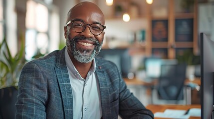 Obraz premium Confident and Successful: A charismatic, mature businessman exudes confidence and success in his professional environment, radiating positivity and leadership in the workplace.