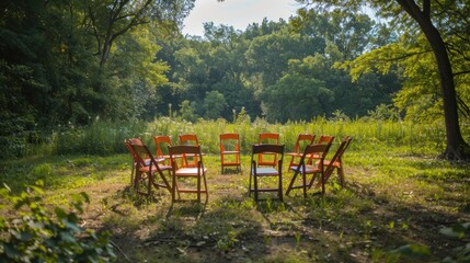 A serene outdoor gathering spot with chairs arranged in a circle surrounded by lush greenery, ideal for meetings or events in nature.