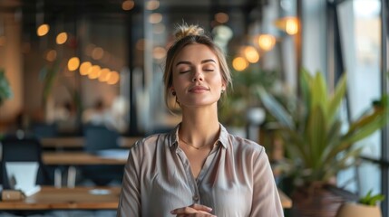Fototapeta premium A serene woman practicing mindfulness meditation in a modern office setting, surrounded by greenery and soft lighting.