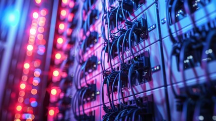 Network cables and server racks in a data center