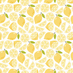 Lemon seamless pattern. Bright summer background. Yellow citrus fruit on white background. Fresh food vector illustration