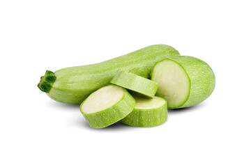 Whole zucchini and sliced isolated on a white background.