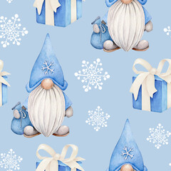 christmas seamless pattern with gnome in santa hat, present box and snowflake.Childish background.Winter holidays.Fabric design.Merry Christmas and Happy New Year.