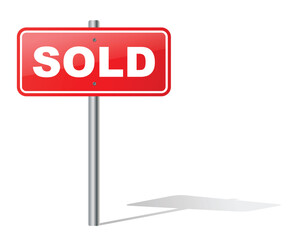 Sold Sign Red banner with metal steel pole. Realistic design for your Real Estate Business Website or your Company to sell House and Cars , Vector isolated on white Background