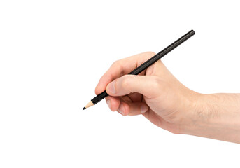 Man's hand holds the pencil isolated on white background.