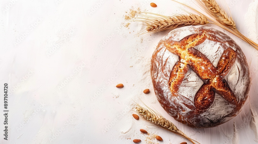 Poster a freshly baked bread loaf made with wheat flour sits on a white background with wheat stalks and al