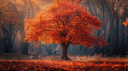 Fototapeta premium The vibrant autumn tree stands out in the sunlit forest, shining with colorful brilliance