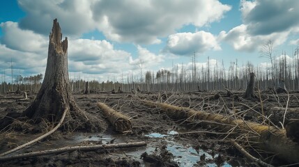 A forest with dead and dying trees, suffering from an infestation caused by climate change, affecting biodiversity.