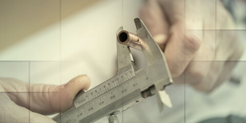Plumber using a caliper, geometric pattern