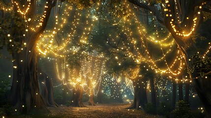 A magical forest lit by thousands of sparkling fairy lights hanging from the trees