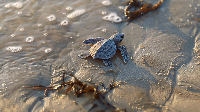 A tiny sea turtle making its way across a sandy beach towards the ocean, symbolizing perseverance and the journey of life.