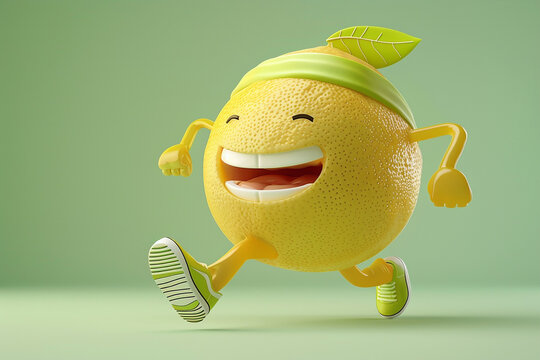 A cheerful, animated lemon character with a headband and sneakers, running joyfully against a green background, perfect for healthy living themes.
