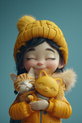 Fototapeta premium 3d character, girl with cat, illustration, light blue background