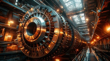 Fototapeta premium Industrial Machinery in Hydroelectric Plant. Detailed view of industrial machinery in a hydroelectric plant, emphasizing the complexity and scale of the equipment used for energy generation.