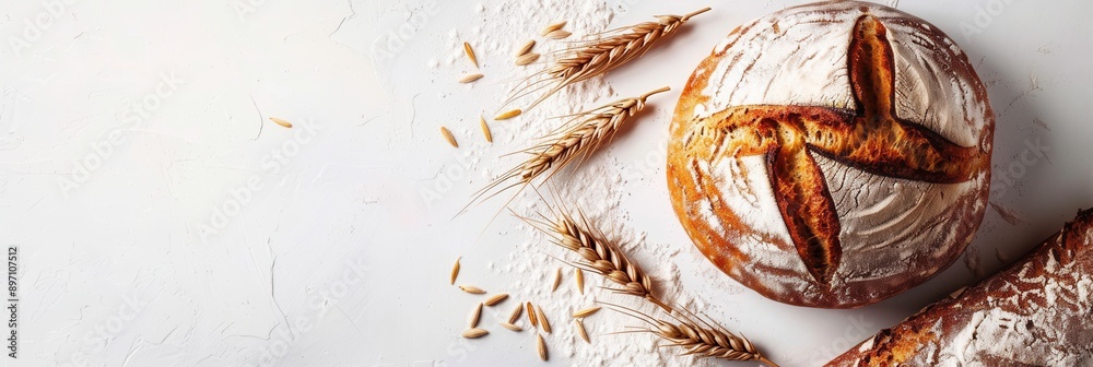 Poster a freshly baked wheat bread loaf sits on a white background with several sprigs of wheat. generative