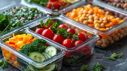 Healthy meal prep containers modern style clean lines neutral background organized layout