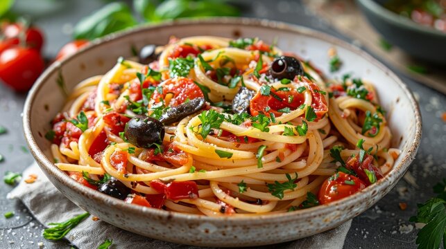 Enjoy a delicious plate of agretti spaghetti with olive, anchovy, and tomato sauce served in a white porcelain bowl