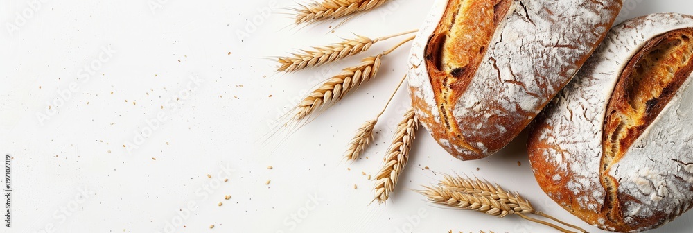 Poster two freshly baked wheat bread loaves on a white background with wheat stalks scattered around. gener