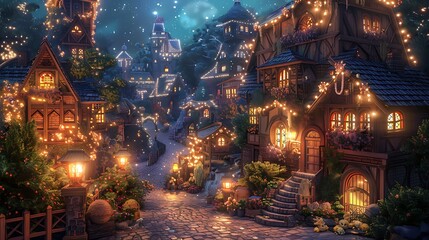 Obraz premium A magical village at night with sparkling lights in the windows and along the streets