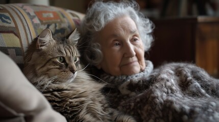 Elderly woman sits closely with fluffy cat in comfortable armchair portrait image. Warm and cozy scene picture photorealistic photography. Retirement. Pet love concept photo realistic