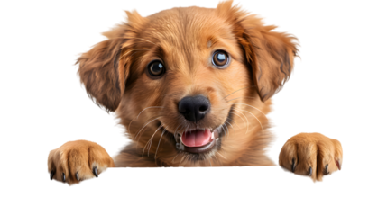Puppy dog holding blank banner isolated on transparent background