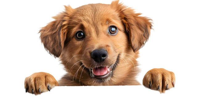Puppy dog holding blank banner isolated on transparent background