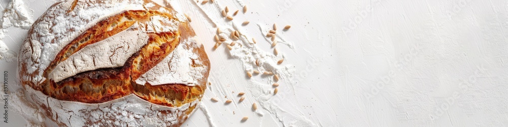 Poster a freshly baked loaf of bread made with wheat flour sits on a white background with flour dust aroun