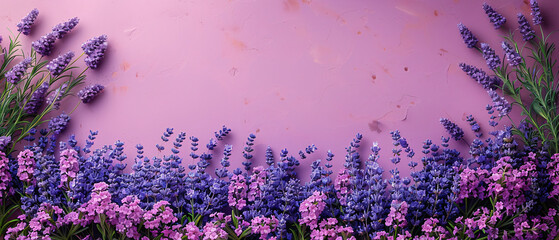 Obraz premium Purple Lavender Flowers Border on a Pink Background