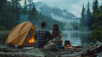 A romantic couple enjoying a camping trip by a tranquil lake at dusk while cozied up by a crackling fire