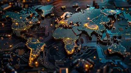 Global big data and innovation technologies concept with perspective view on digital glowing world map contour on blue illuminated background. AI generated illustration