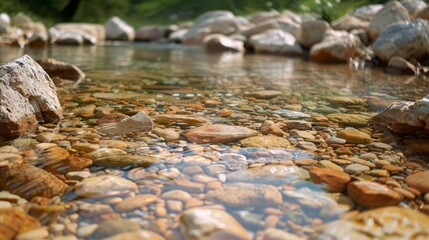 In the lush forest, a crystal clear creek bed is dotted with smooth river rocks, creating a serene scene