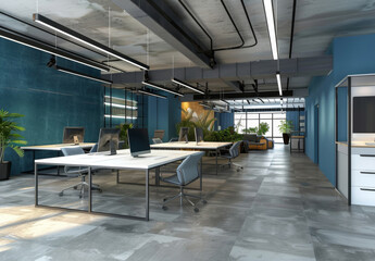 Empty office, table and interior with computer, chair and desk for business at startup company. Plants, room and workplace with modern design of furniture, lights or wall decor with tech by workspace