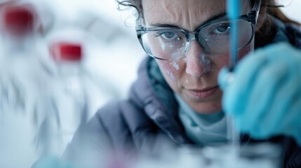 In this close-up image, a scientist is deeply focused on conducting research in a laboratory, surrounded by scientific equipment including test tubes and beakers.
