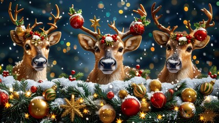 Reindeers in a winter wonderland  snowy christmas forest with snow covered fir trees