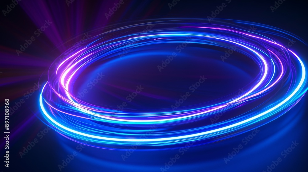 Poster glowing neon swirl of light in dark background, futuristic abstract concept