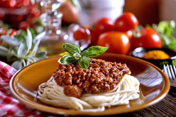 Italian spaghetti bolognese on a wooden background. Selective focus