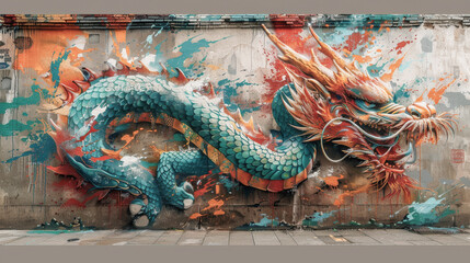 Fototapeta premium A vibrant and detailed mural of a dragon adorns a city wall, showcasing stunning colors and intricate design